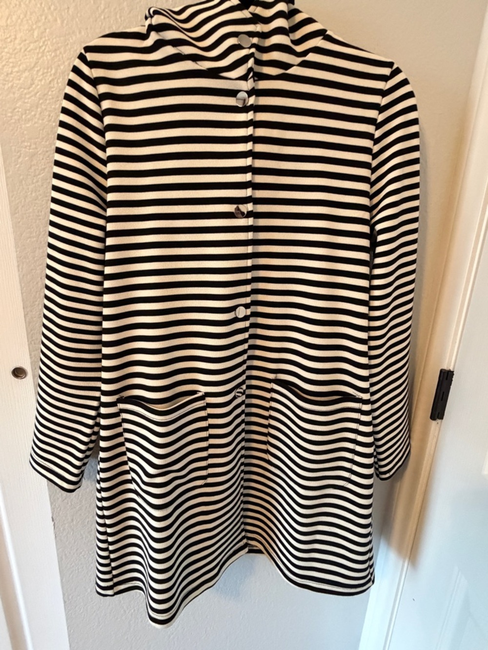 Striped Hooded Button-Front Coat - Black & White